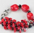 Wholesale 7.9 inches red coral black crystal bracelet with big lobster clasp