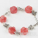 Wholesale cherry quartze carved flower tibet silver butterfly bracelet with extendable chain
