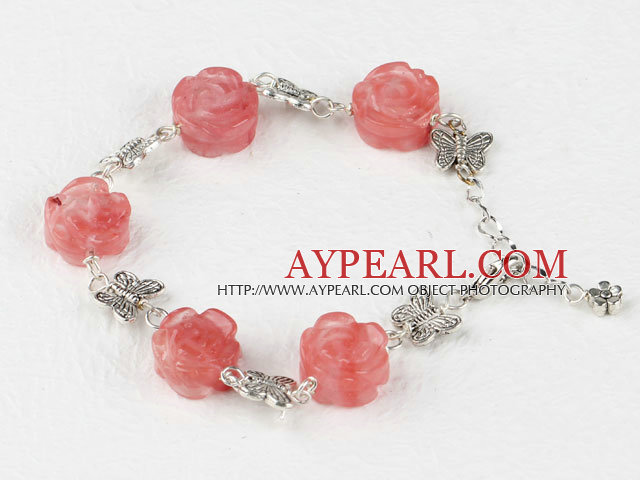 cherry quartze carved flower tibet silver butterfly bracelet with extendable chain