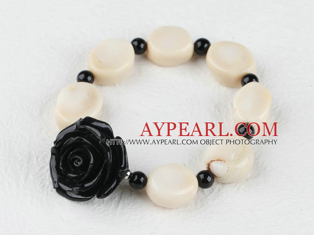 elastic white coral black agate  flower bracelet