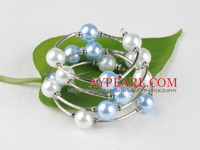 7.5 inches light blue and white 12mm shell beads bangle wrap bracelet 