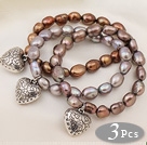 3 pcs Beautiful Brown Baroque Freshwater Pearl Bracelets with Heart Accessory