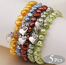 5 pcs Nice Single Strand Patato Shape Dyed Multi Color Pearl Bracelet with Heart Accessory