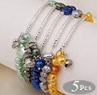 5 pcs Cute Patato Shape Multi Color Pearl Stretchy Bracelet with Tibet Silver Tube and Heart Accessory