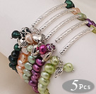 5 pcs Cute Patato Shape Multi Color Pearl Stretchy Bracelets with Tibet Silver Tube and Heart Accessory