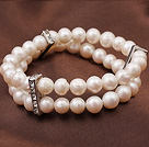 Elegant Style Two Strands Round Natural White Freshwater Pearl Stretchy Bracelet with Rhinestone