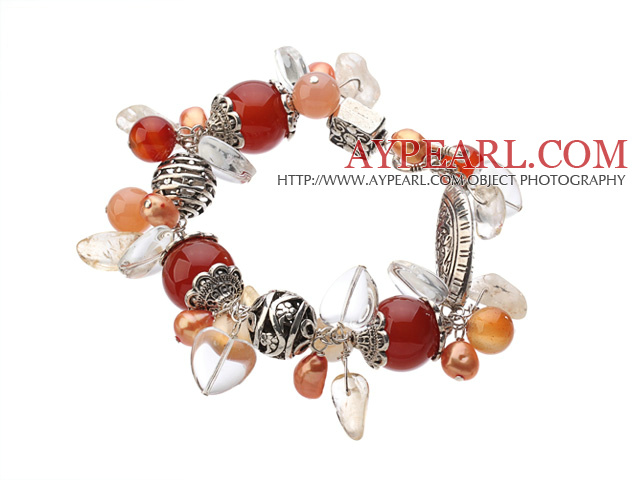 Vintage Style Heart Shape Clear Crystal Red Agate Citrine Tibet Silver Accessory Charm Bracelet With Toggle Clasp