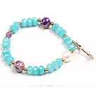 Wholesale Summer Beach Fashion Blue Jade Natural White Pearl And Imperial Jasper Beads Stretch / Elastic Bracelet With Golden Key Charm