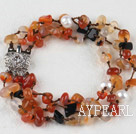 7.5 inches three strand agate chips white pearl bracelet