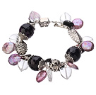 Wholesale Vintage Style Heart Shape Clear Crystal Purple Agate Button Pearl Tibet Silver Accessory Charm Bracelet With Toggle Clasp