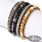Fashion Style 4pcs Single Strand Natural Round Gemstsone Beaded Leather Bracelet
