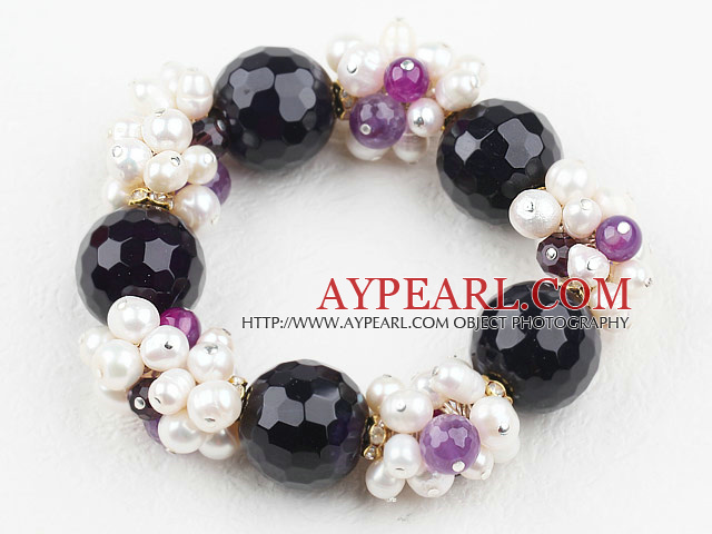 Assorted White Freshwater Pearl and Big Purple Agate Stretch Bracelet
