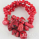 Wholesale 7.5 inches three strand red coral elastic bracelet