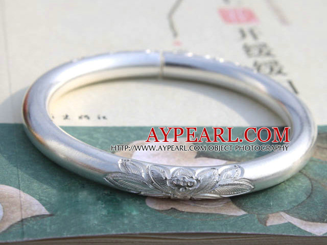 Classic Design Handmade 999 Sterling Silver Thin Bangle Bracelet with Lotus Pattern