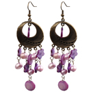 Vintage Style Chandelier Shape Purple Pearl Shell Earrings With Round Bronze Accessory