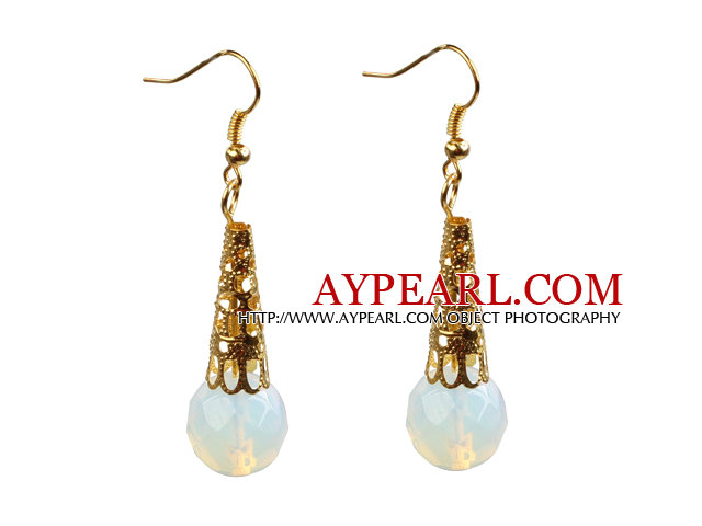Simple Classic Design Round Opal Dangle Earrings With Golden Hook