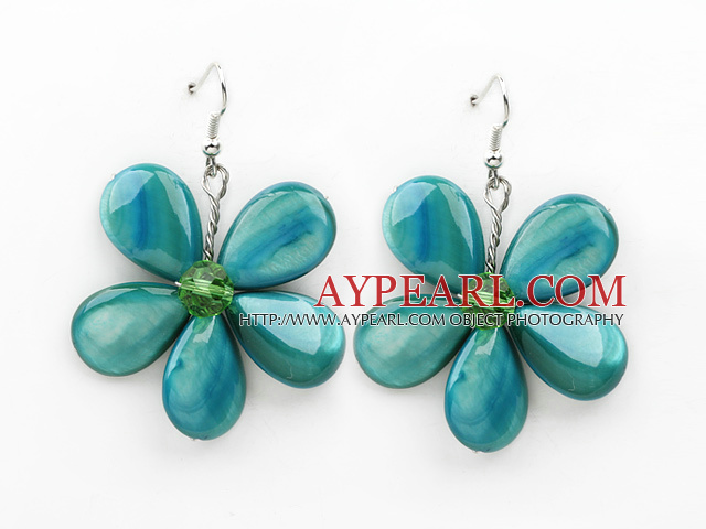Peacock Green Color Drop Shape Shell Flower Earrings