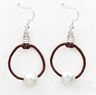 Simple Deisgn Natural White Freshwater Pearl Earrings with Leather Loop Cord