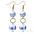 Dangle Style Double Round Blue and White Porcelain Beads Earrings