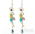 Dangle Style Serpentine Jade Flower and Multi Color Manmade Crystal Long Earrings