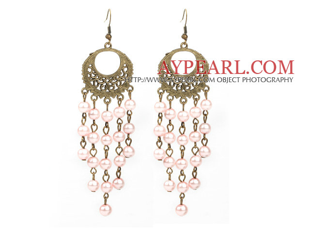 Vintage Style Round Shape Accessory and Round Pink Shell Beads Long Earrings