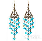 Vintage Style Triangle Shape Accessory and Round Lake Blue Shell Beads Long Earrings
