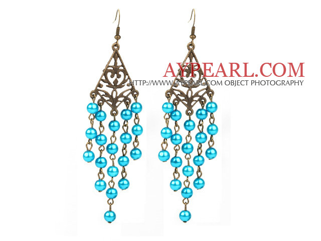 Vintage Style Triangle Shape Accessory and Round Lake Blue Shell Beads Long Earrings