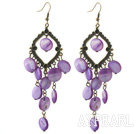 Vintage Style Rhombus Shape Accessory and Flat Round Purple Shell Long Earrings