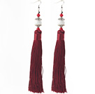 Wholesale China Style Dark Red Series Red Coral and White Porcelain Stone and Dark Red Thread Long Tassel Earrings