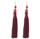 Wholesale China Style Dark Red Series Carnelian and Alaqueca and Dark Red Thread Long Tassel Earrings