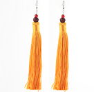 China Style Carnelian and Red Sandalwood Lotus and Orange Yellow Color Thread Long Tassel Earrings