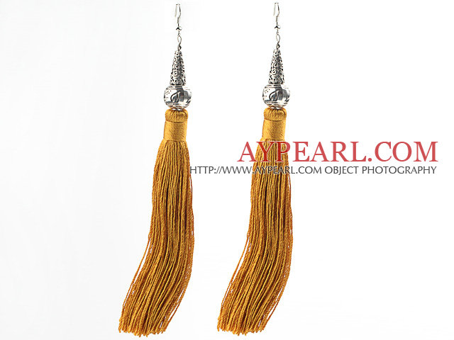 China Style Yellow Brown Series Tibet Silver Accessory and Yellow Brown Thread Long Tassel Earrings