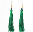 China Style Dark Green Series Lapis and Green Thread Long Tassel Earrings