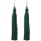 China Style Dark Green Series Tibet Silver Lotus and Green Thread Long Tassel Earrings