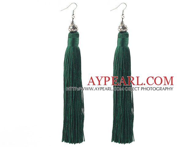 China Style Dark Green Series Tibet Silver Lotus and Green Thread Long Tassel Earrings