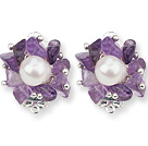 2013 Summer New Design White Freshwater Pearl and Amethyst Chips Clip Earrings