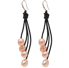 Fashion Style Pink Freshwater Pearl Leather Dangle Earrings with Black Leather