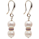 Dangle Style 9-10mm Natural White Freshwater Pearl Earrings with Rhinestone Spacer