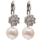Fashion Style Natural White Freshwater Pearl Level Back Earrings with Rhinestone