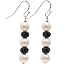 Simple Style Natural White Freshwater Pearl and Black Crystal Dangle Earrings