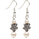 Dangle Style Natural White Freshwater Pearl Long Earrings with Tibet Silver Flower Accessories