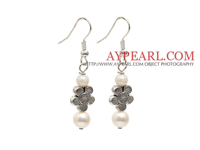 Dangle Style Natural White Freshwater Pearl Long Earrings with Tibet Silver Flower Accessories