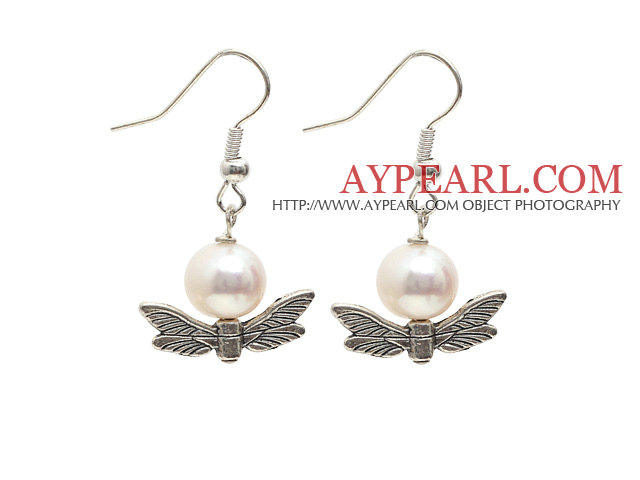 Simple Style A Grade Round Freshwater Pearl Earrings with Tibet Silver Wing Accessories