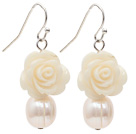 Natural White Freshwater Pearl and White Acrylic Flower Earrings with Fish Hook