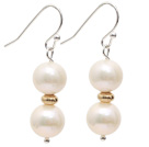 A Grade 9-10mm Natural White Freshwater Pearl Beaded Earrings with Golden Color Metal Beads
