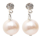 Fashion Style 9-10mm Natural White Freshwater Pearl Studs Earrings with Rhinestone