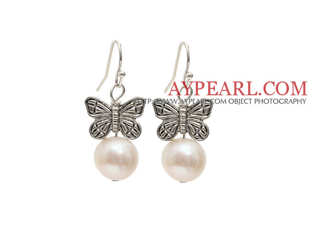 Simple Style 10-11mm Natural White Freshwater Pearl Earrings with Tibet Silver Butterfly Accessories