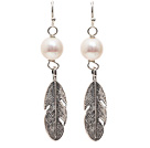 A Grade Natural White Freshwater Pearl Earrings with Tibet Silver Feather Accessories