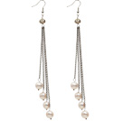 Fashion Style A Grade 9-10mm Natural White Freshwater Pearl Tassel Earrings with Metal Chain