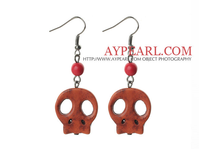 6 Pairs Simple Style Dyed Redish Brown Turquoise Skull Earrings with Fish Hooks